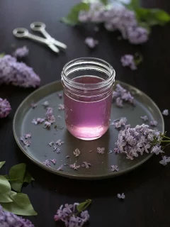 a mason jar of pale purple syrup next to lilac flowers.
