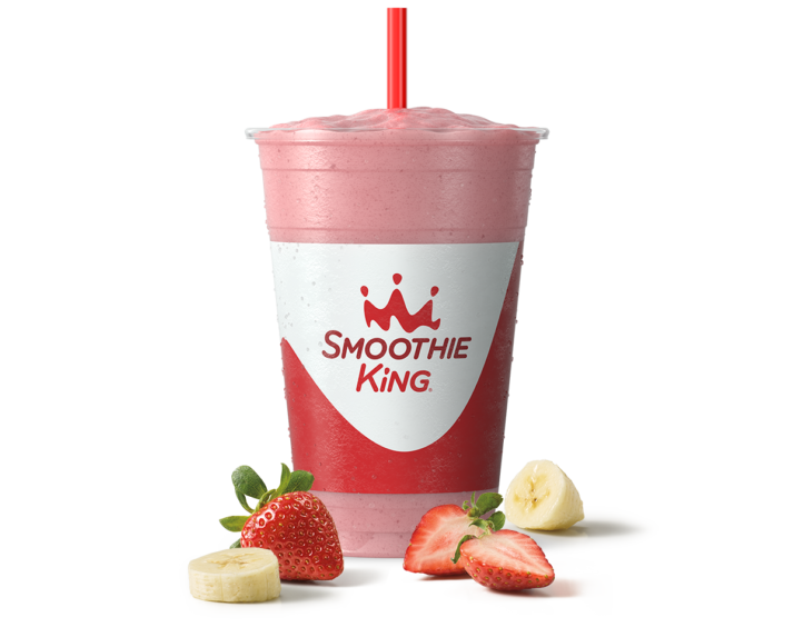 a pink smoothie in a Smoothie King cup.