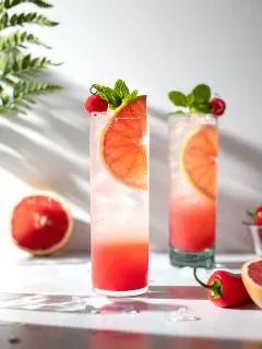 two glasses of layered pink soda with grapefruit slices and raspberries.