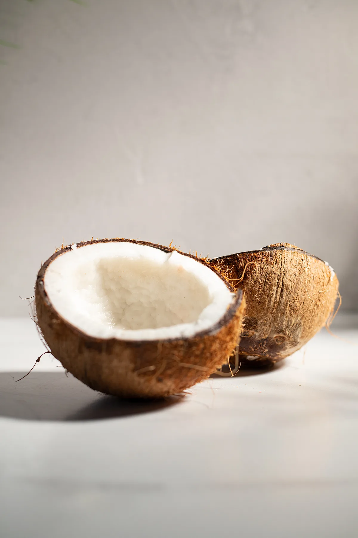 two halves of a brown coconut on a white background.